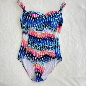 Romenza Colorful Geometric Slenderizing One-Piece Swimsuit Rouching